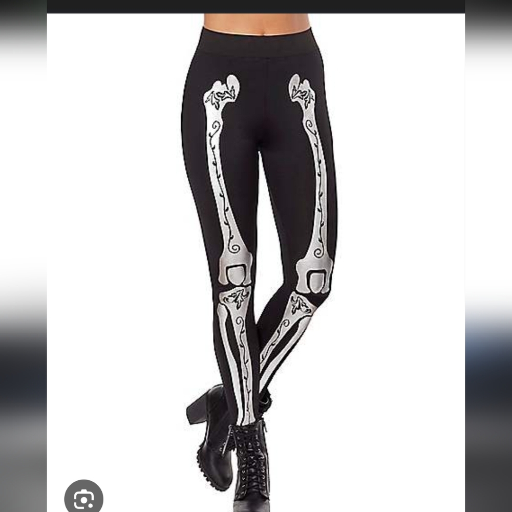 Spirit Halloween Black + Silver Metallic Skeleton Bones Day of the Dead Leggings